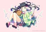  :&gt; black_hair book dungeon_anywhere green_eyes h2so4 long_hair looking_at_viewer smile socks solo twintails wand 