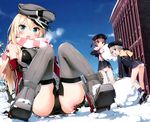  :o ass bismarck_(kantai_collection) black_panties blonde_hair blue_eyes blue_sky blush breasts breath brown_eyes brown_hair day detached_sleeves fallen_down grey_legwear hat highres kantai_collection large_breasts long_hair mittens multiple_girls open_mouth outdoors panties peaked_cap peko scarf short_hair sky snow striped striped_scarf sweatdrop tears thighhighs underwear white_panties z1_leberecht_maass_(kantai_collection) z3_max_schultz_(kantai_collection) 