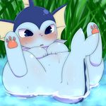  2015 3_toes ambiguous_gender barefoot blue_eyes blue_nose blush canine cute eeveelution feral fur grass lying mammal mizell nintendo open_mouth outside pok&eacute;mon solo spread_legs spreading toes vaporeon video_games water wet 