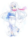  blue_eyes expressionless eyebrows floating_hair full_body japanese_clothes kimono kurasuke long_hair no_socks original pink_scarf sandals scarf simple_background sleeves_past_wrists snow snowman snowman_hair_ornament solo thick_eyebrows twintails white white_background white_hair yukata yuki_onna 