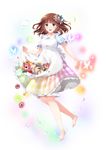  absurdres apron barefoot bloomers blue_eyes brown_hair bug butterfly dress flower full_body hair_flower hair_ornament hair_ribbon highres insect original plaid plaid_dress ribbon ro5koo_(royal_blue) short_hair simple_background skirt_basket smile solo underwear white_background 