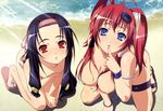  2girls beach breasts feet female highres hyakka_ryouran_samurai_girls kneeling looking_at_viewer multiple_girls nipples nude nude_filter official_art photoshop sanada_yukimura_(hyakka_ryouran) toes yagyuu_juubei_(hyakka_ryouran) 