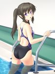  adapted_costume ass back brown_hair checkered checkered_swimsuit competition_swimsuit from_behind himekaidou_hatate isaki_(gomi) looking_at_viewer looking_back one-piece_swimsuit open_mouth pointy_ears pool_ladder poolside purple_eyes solo swimsuit touhou twintails water wet 