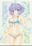  absurdres bikini blue_bikini blue_eyes blush breasts covered_mouth cowboy_shot front-tie_bikini front-tie_top hat highres large_breasts letty_whiterock looking_at_viewer marker_(medium) pom_pom_(clothes) purple_hair satsuki_(gogotaru) scarf short_hair solo swimsuit touhou traditional_media white_scarf 