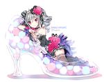  bare_shoulders black_legwear blush character_name crown detached_sleeves dress drill_hair flower glass_slipper hair_flower hair_ornament hair_ribbon high_heels idolmaster idolmaster_cinderella_girls in_shoe kanzaki_ranko long_hair looking_at_viewer minigirl nardack oversized_object red_eyes ribbon silver_hair smile solo thighhighs twin_drills twintails twitter_username 