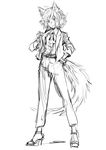  animal_ears greyscale inubashiri_momiji matsuda_(matsukichi) monochrome pants short_hair simple_background sketch solo tail touhou white_background wolf_ears wolf_tail 