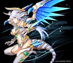  black_background blue_eyes breasts cleavage dragon_girl gauntlets highres keible large_breasts long_hair ragna_cross silver_hair simple_background solo tail watermark wings 