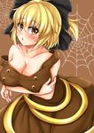  blonde_hair blush bow breast_lift breasts brown_eyes cleavage collarbone commentary_request crossed_arms hair_bow highres kurodani_yamame large_breasts looking_at_viewer off_shoulder open_mouth silk solo spider_web tokoya_(ex-hetare) touhou yellow_eyes 