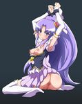  1girl anus areolae armpits arms_up ass blush breasts censored cure_fortune happinesscharge_precure! highres hikawa_iona legs long_hair looking_at_viewer nipples no_panties precure purple_eyes purple_hair pussy simple_background small_breasts solo suigin_cigarette thigh_boots thighs 