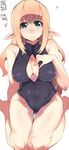  2015 artist_name barefoot black_swimsuit blonde_hair blue_eyes blush breasts center_opening covered_navel dated elf front_zipper_swimsuit hand_on_own_chest heart large_breasts long_hair meme_attire one-piece_swimsuit original osuman_toruko pointy_ears sidelocks sitting smile solo sweat swimsuit wariza 