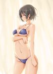  bare_arms bikini black_hair blue_eyes breast_hold breasts cleavage highres large_breasts looking_at_viewer navel original rucchiifu short_hair smile solo standing swimsuit 