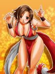  blush breasts brown_eyes brown_hair cleavage cosplay japanese_clothes kazama_asuka large_breasts leaning_forward no_panties pelvic_curtain revealing_clothes rope shimenawa shiranui_mai shiranui_mai_(cosplay) short_hair solo suzuki_(almondcake) tekken the_king_of_fighters 