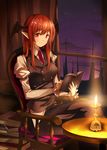  bat_wings blush book book_stack chair head_wings koakuma long_hair long_sleeves looking_at_viewer necktie oil_lamp ok-ray pointy_ears red_eyes red_hair sitting smile solo table touhou vest wings 