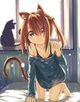  :o all_fours animal_ears ayataka barefoot bell black_bra bottomless bra brown_hair cat cat_ears cat_hair_ornament cat_tail fang green_eyes hair_bell hair_ornament highres indoors long_hair long_sleeves looking_at_viewer off_shoulder open_mouth original paw_pose paw_print shirt solo tail two_side_up underwear window 
