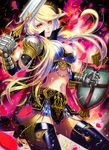  1girl armor blonde_hair breasts female long_hair looking_at_viewer roai shield smile solo sword thighhighs weapon yellow_eyes 