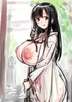  1girl 774_(nanashi) areolae black_hair blush breasts broom brown_hair female functionally_nude huge_breasts inverted_nipples iwato_kasumi japanese_clothes large_breasts long_hair looking_at_viewer miko nontraditional_miko outdoors puffy_areolae puffy_nipples revealing_clothes saki see-through shrine sketch smile solo transparent yellow_eyes 
