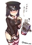  1girl ? akitsu_maru_(kantai_collection) amatsukaze_(kantai_collection)_(cosplay) black_eyes black_hair blush breast_suppress breasts covering covering_crotch female full-face_blush garter_straps gloves hat highres horosuke_(toot08) kantai_collection large_breasts red_legwear rensouhou-kun shirt_tug simple_background single_glove sketch solo tears thighhighs twitter_username white_background white_gloves 