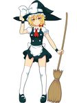  apron blonde_hair braid broom full_body hand_on_headwear hand_up hat highres holding holding_broom kirisame_marisa mary_janes shoes smile solo thighhighs touhou wade white_background white_legwear witch_hat yellow_eyes 