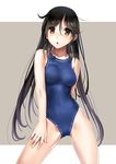  asics black_hair blue_swimsuit blush breasts brown_eyes competition_swimsuit contrapposto cowboy_shot groin groin_tendon katahira_masashi long_hair medium_breasts one-piece_swimsuit open_mouth original solo standing swimsuit very_long_hair 