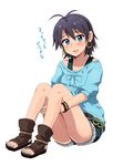  alternate_hairstyle antenna_hair blue_eyes blush bracelet earrings ganaha_hibiki hands_under_legs hiiringu idolmaster idolmaster_(classic) jewelry off_shoulder open_mouth open_toe_shoes sandals shoes short_hair shorts translated 