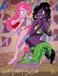  2015 alligator anthro anthrofied big_breasts black_hair blue_eyes bowl bra breasts brown_eyes cleavage clothed clothing derp_eyes duo fan_character female friendship_is_magic fruit_punch gummy_(mlp) hair my_little_pony panties pink_hair pinkie_pie_(mlp) purple_eyes reptile scalie threewontoo tongue tongue_out underwear 