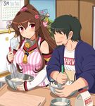  apron artist_self-insert banned_artist black_hair breasts brown_hair commentary_request detached_sleeves highres jewelry kantai_collection large_breasts long_hair mixing_bowl ponytail red_eyes ring shin'en-san shin'en_(gyokuro_company) wedding_band whisk yamato_(kantai_collection) 