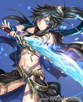  black_hair blue_eyes blue_gloves blue_panties copyright_name fingerless_gloves gloves hair_ornament holding holding_sword holding_weapon keible long_hair looking_at_viewer navel panties ragna_cross solo sword underwear watermark weapon 