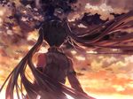  arm_tattoo back bare_shoulders bob_(biyonbiyon) cloud cloudy_sky detached_sleeves facing_away floating_hair from_behind from_below hair_ornament hatsune_miku headphones highres long_hair sky solo sunset tattoo twintails upper_body vocaloid wind 