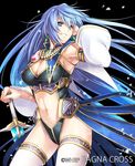  armpits black_background blue_eyes blue_hair breasts cleavage detached_sleeves earrings hand_in_hair holding holding_sword holding_weapon jewelry keible large_breasts long_hair navel necklace ragna_cross simple_background solo sword thighhighs watermark weapon white_legwear 