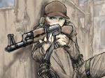  ak-47 assault_rifle didloaded dirty dirty_clothes dirty_face green_eyes gun hat load_bearing_vest military military_hat military_uniform original ready_to_draw rifle ruins sitting solo uniform weapon 