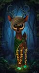  2015 amber_eyes antlers blonde_hair cape cervine deer fan_character forest glowing grass hair horn male mammal my_little_pony outside solo tree yakovlev-vad 