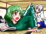  blue_skirt blush book brown_eyes commentary_request curious dress dress_lift embarrassed female_pervert finger_to_chin green_dress green_hair hat hat_removed head_tilt headwear_removed indoors japanese_clothes kai_(gunbollgx) long_hair looking_back lying mononobe_no_futo multiple_girls on_stomach open_book open_mouth pervert ponytail short_hair silver_hair skirt soga_no_tojiko squatting teeth tongue touhou 