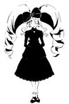  71 :&lt; arms_behind_back bow dress drill_hair earrings eyepatch funeral_dress gothic gothic_lolita greyscale hair_bow harime_nui jewelry kill_la_kill lolita_fashion md5_mismatch monochrome solo twintails 