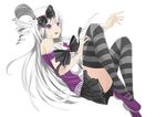  :d bare_shoulders camera hair_ribbon legs_up long_hair one_side_up open_mouth original purple_eyes ribbon rizky_(strated) silver_hair skirt smile solo striped striped_legwear thighhighs 