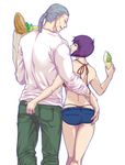  1girl ass ass_grab bag baguette batou bikini bikini_under_clothes bread couple denim denim_shorts food g-string ghost_in_the_shell grabbing_another's_ass groceries grocery_bag groping hand_on_another's_ass height_difference hetero ice_cream ice_cream_cone kusanagi_motoko long_sleeves looking_at_another panties pants phile9 ponytail purple_hair red_bikini shopping_bag short_hair shorts silver_hair simple_background swimsuit swimsuit_under_clothes thong underwear whale_tail white_background 