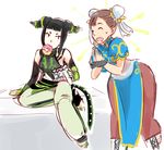  2girls begging black_hair brown_hair chun-li double_bun doughnut drooling eating food han_juri mouth_hold multiple_girls rough sitting stalkeralker street_fighter 