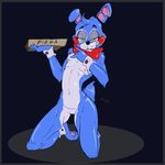  animatronic anthro barefoot bonnie_(fnaf) bow buckteeth english_text five_nights_at_freddy&#039;s five_nights_at_freddy&#039;s_2 food fuf fur half-closed_eyes lagomorph long_ears machine male mammal mechanical muscles navel nipples nude pawpads paws pecs pizza rabbit raised_arm robot sitting smile solo text video_games 
