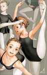  3girls absurdres ballerina ballet ballet_slippers black_leotard brown_eyes brown_hair feet hands highres legs leotard multiple_girls murata_renji pantyhose shoe_ribbon white_legwear 