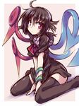  ahoge arms_between_legs asymmetrical_wings bad_id bad_pixiv_id black_dress black_hair black_legwear blush dress hemogurobin_a1c houjuu_nue looking_at_viewer messy_hair red_eyes short_dress short_hair sitting snake solo thighhighs touhou v_arms wariza wings 