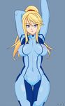  arm_behind_head arm_up armpits bangs blonde_hair blue_eyes bodysuit breasts breasts_apart covered_navel covered_nipples cowboy_shot high_ponytail highres hips holding_arm impossible_bodysuit impossible_clothes large_breasts long_hair looking_at_viewer metroid mole mole_under_mouth orangetea parted_lips ponytail puffy_nipples samus_aran scrunchie sidelocks skin_tight solo standing swept_bangs thigh_gap turtleneck wide_hips zero_suit 