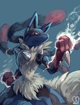  aura blue_background clenched_hands closed_mouth commentary fighting_stance gen_4_pokemon highres looking_at_viewer lucario mega_lucario mega_pokemon no_humans pokemon red_eyes sa-dui signature solo 