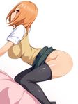  1girl all_fours ass bed black_legwear blush breasts eve_(artist) highres huge_breasts legs looking_back no_panties orange_hair red_eyes school_uniform short_hair simple_background skirt skirt_lift smile solo thighs white_background 