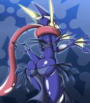  abstract_background amphibian anthro bandage breasts butt clothing female frog greninja looking_at_viewer nintendo panties pok&eacute;mon solo tongue underwear video_games wouhlven 