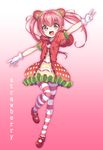  dress food food_themed_clothes food_themed_hair_ornament fruit gan_(shanimuni) gloves hair_ornament long_hair mary_janes original outstretched_arms pink_eyes pink_hair shoes solo spread_arms standing standing_on_one_leg strawberry strawberry_hair_ornament striped striped_legwear twintails v 