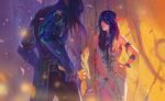  1girl blue_hair chenbo elf flower hand_on_hip highres holding illidan_stormrage long_hair pointy_ears sleeveless tyrande_whisperwind warcraft world_of_warcraft 