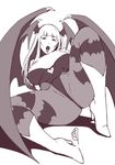  1girl boots breasts capcom ganto head_wings large_breasts long_hair looking_at_viewer monochrome morrigan_aensland open_mouth pantyhose plump simple_background thick_thighs thighs tongue tongue_out vampire_(game) white_background wings 