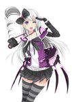  :d camera eyebrows_visible_through_hair fingerless_gloves gloves hair_ribbon long_hair looking_at_viewer one_eye_closed one_side_up open_mouth original purple_eyes ribbon rizky_(strated) silver_hair skirt smile solo striped striped_legwear thighhighs 