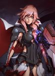  2015 arm_guards armor armored_dress arms_at_sides artist_name ass_visible_through_thighs bangs between_breasts black_gloves blue_eyes breastplate breasts cape closed_mouth cowboy_shot eyelashes faulds final_fantasy final_fantasy_xiii frown gloves glowing hair_between_eyes holding holding_sword holding_weapon jurikoi lightning_farron lightning_returns:_final_fantasy_xiii lips long_hair looking_afar looking_away medium_breasts pauldrons pink_hair red_background sanpaku serious shield shiny shiny_hair signature solo sword turtleneck underbust wavy_hair weapon 