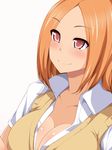  1girl blush breasts cleavage collarbone eve_(artist) face highres huge_breasts looking_away orange_hair red_eyes school_uniform short_hair simple_background smile solo white_background 