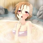  1girl accel_world artist_request breasts brown_hair highres kurashima_chiyuri naked_towel onsen open_mouth red_eyes short_hair solo towel 
